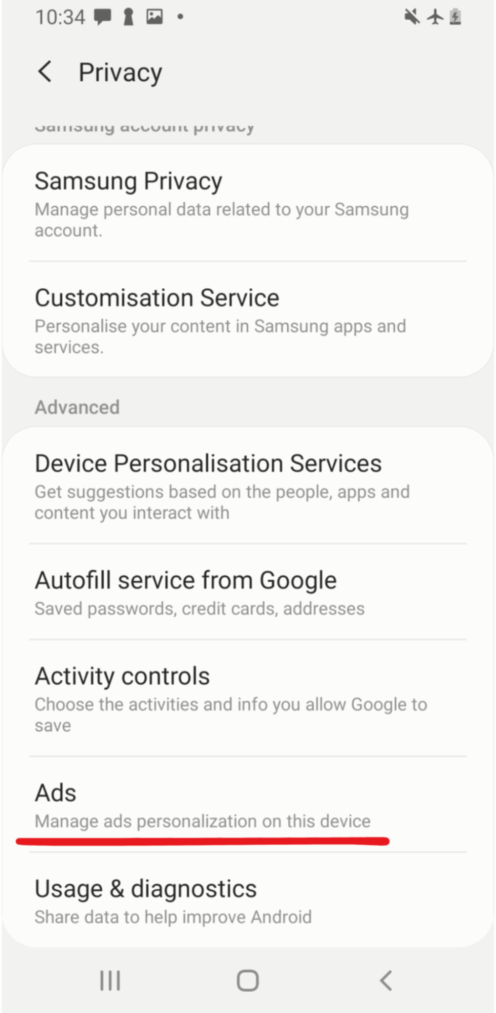 Android privacy section
