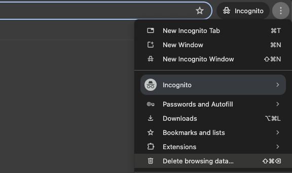 Delete browsing data in Chrome incognito menu