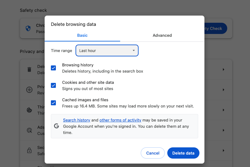 Delete browsing data in Chrome