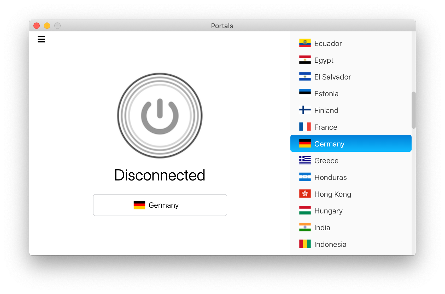 Portals VPN app - Select country