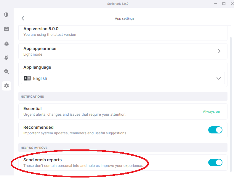 VPN crash reports settings
